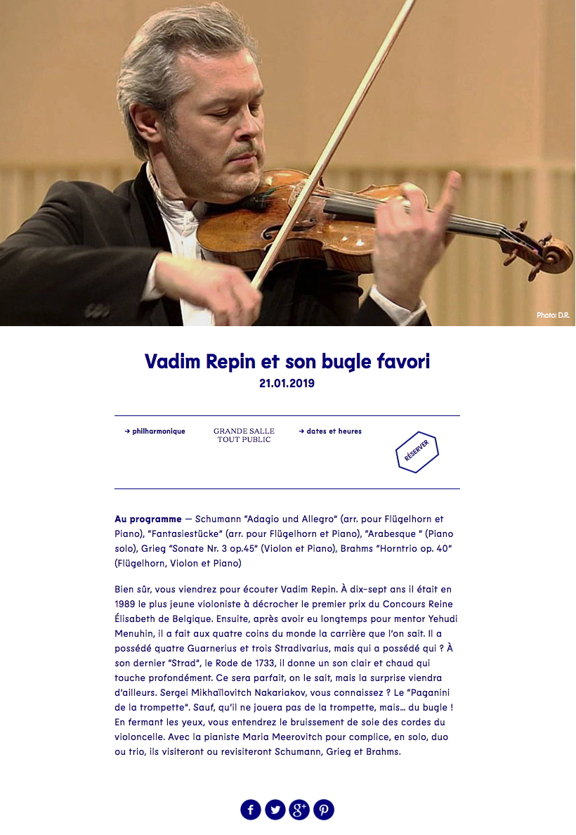 Page Internet. Théâtre de Namur. Vadim Repin et son bugle favori. Photo D.R. 2019-01-21